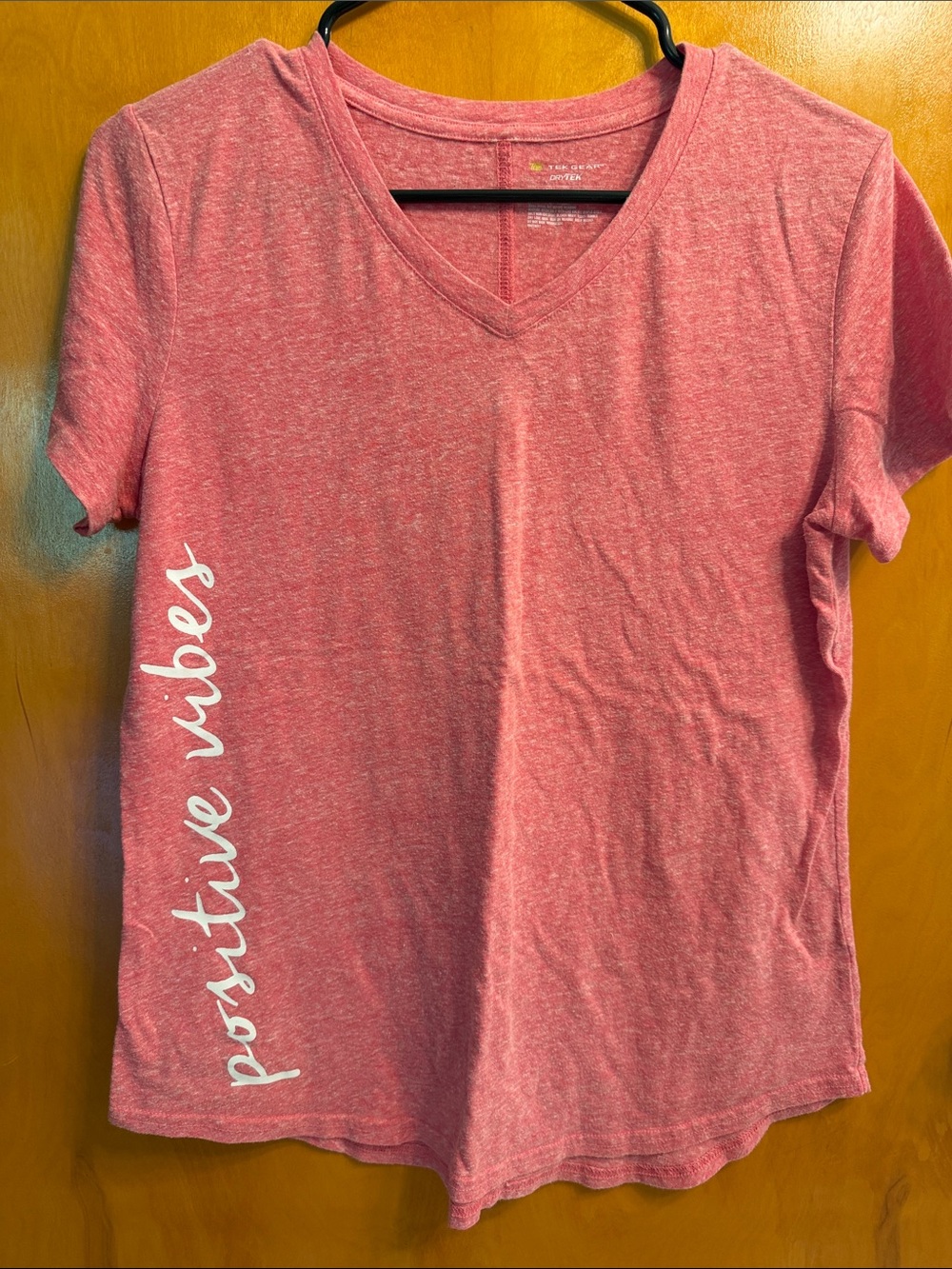 tek gear Pink V-Neck Short Sleeve Tee with White 'Positive Vibes' Script